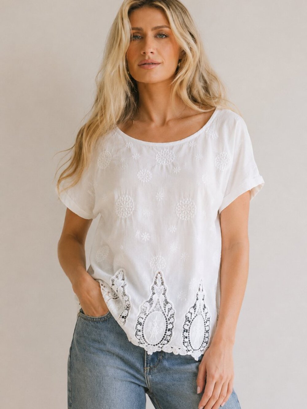 Pure cotton Indigo White Embroidered Eyelet Blouse | Boho Lace Hem